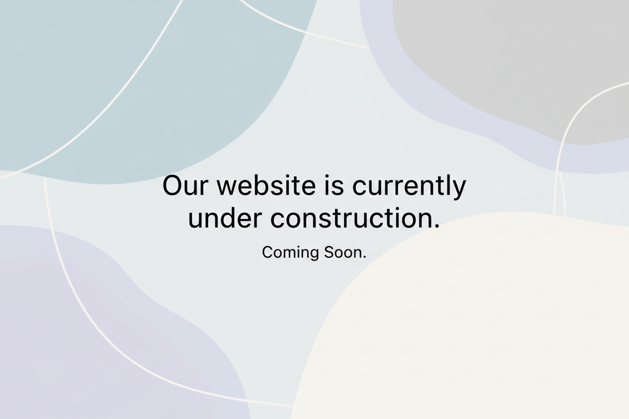 Create a sleek, modern background image with minimal abstract shapes in soft, elegant colors. In the center, display the text: "Our website is currently under construction" in a clean, stylish font. The overall design should feel professional, simple, and visually appealing.
